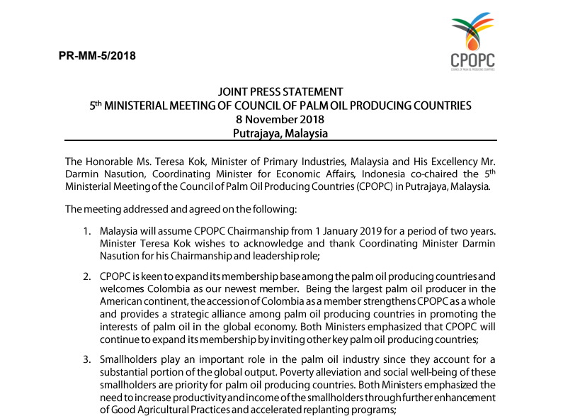 PRESS RELEASE: 5th MINISTERIAL MEETING OF COUNCIL OF PALM OIL PRODUCING COUNTRIES